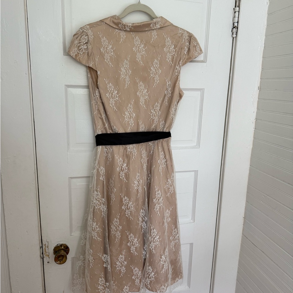 Lace Midi Dress in Beige with Black Sash - Picture 2 of 2